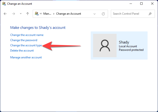 Кнопка «Изменить тип учётной записи» в свойствах выбранной учётной записи.