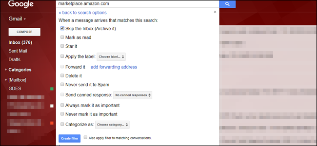 Опции действий фильтра в Gmail: Delete, Skip the Inbox, Apply the label