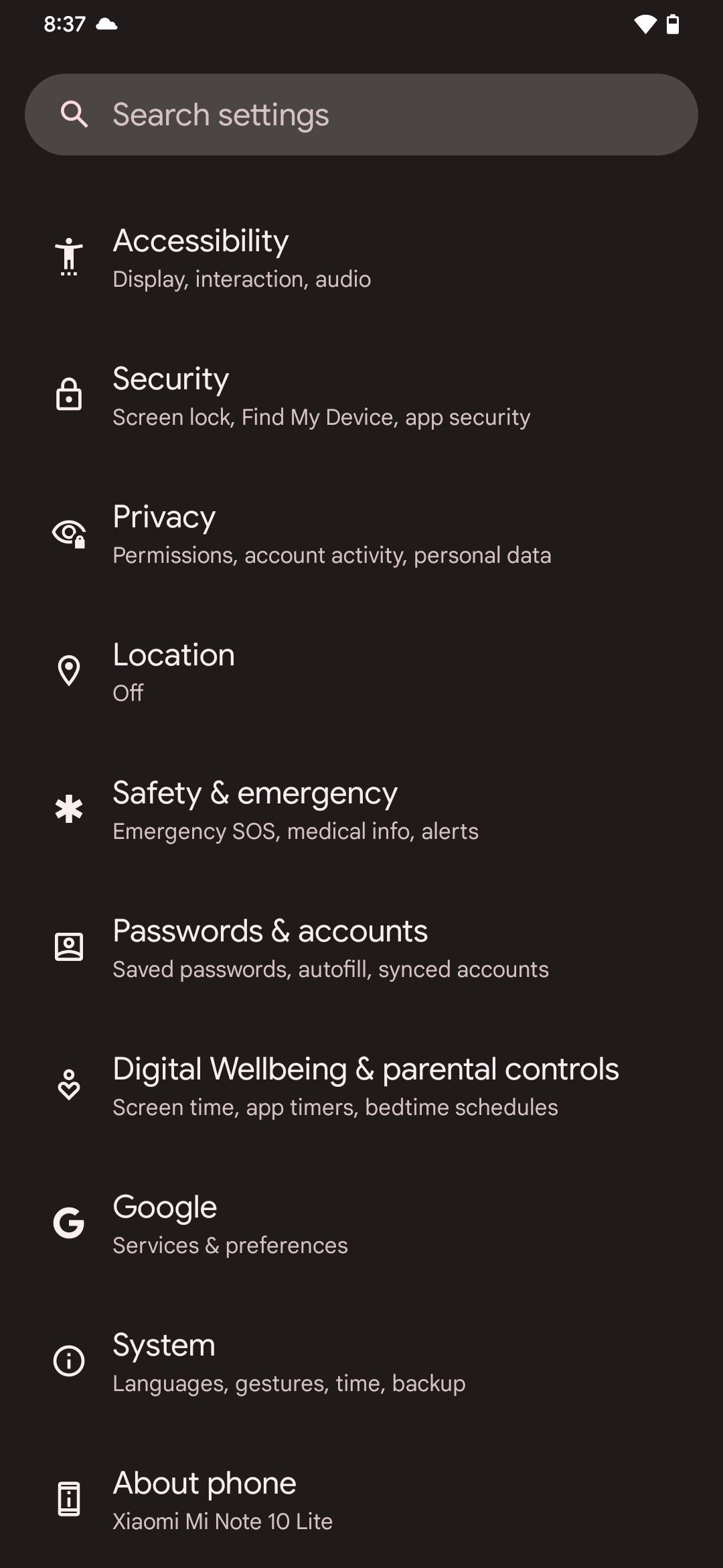 settings app main menu