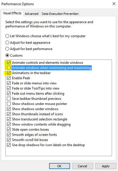 Список визуальных эффектов с возможностью выбора отключения