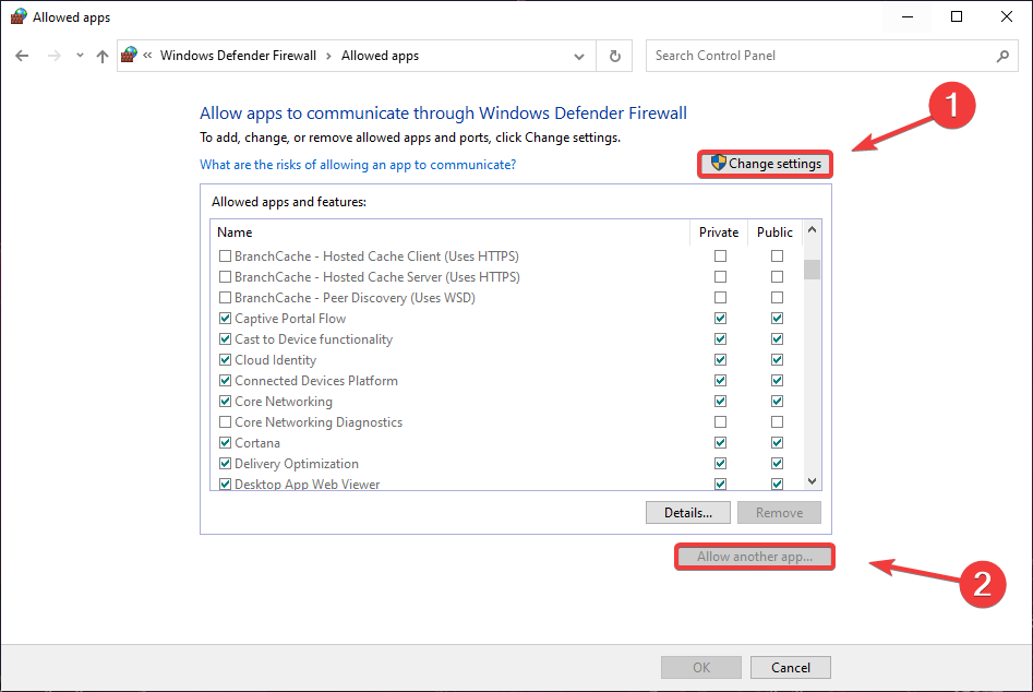 Кнопка 'Изменить параметры' в окне Брандмауэра