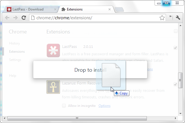 Перетащите CRX или user.js на страницу «Расширения» для установки