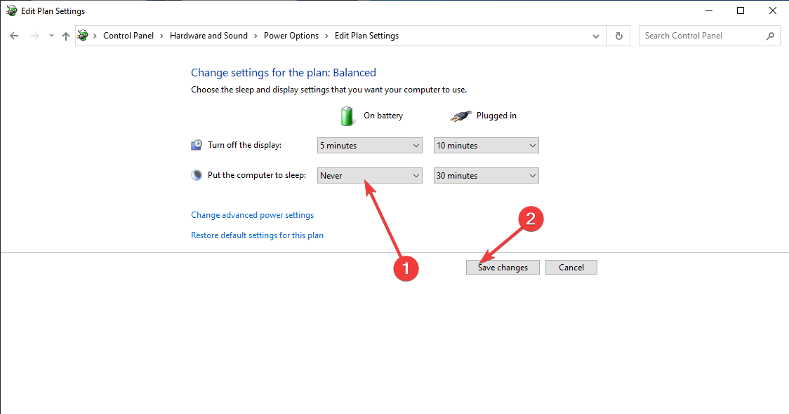 Выбор Никогда для перехода в сон