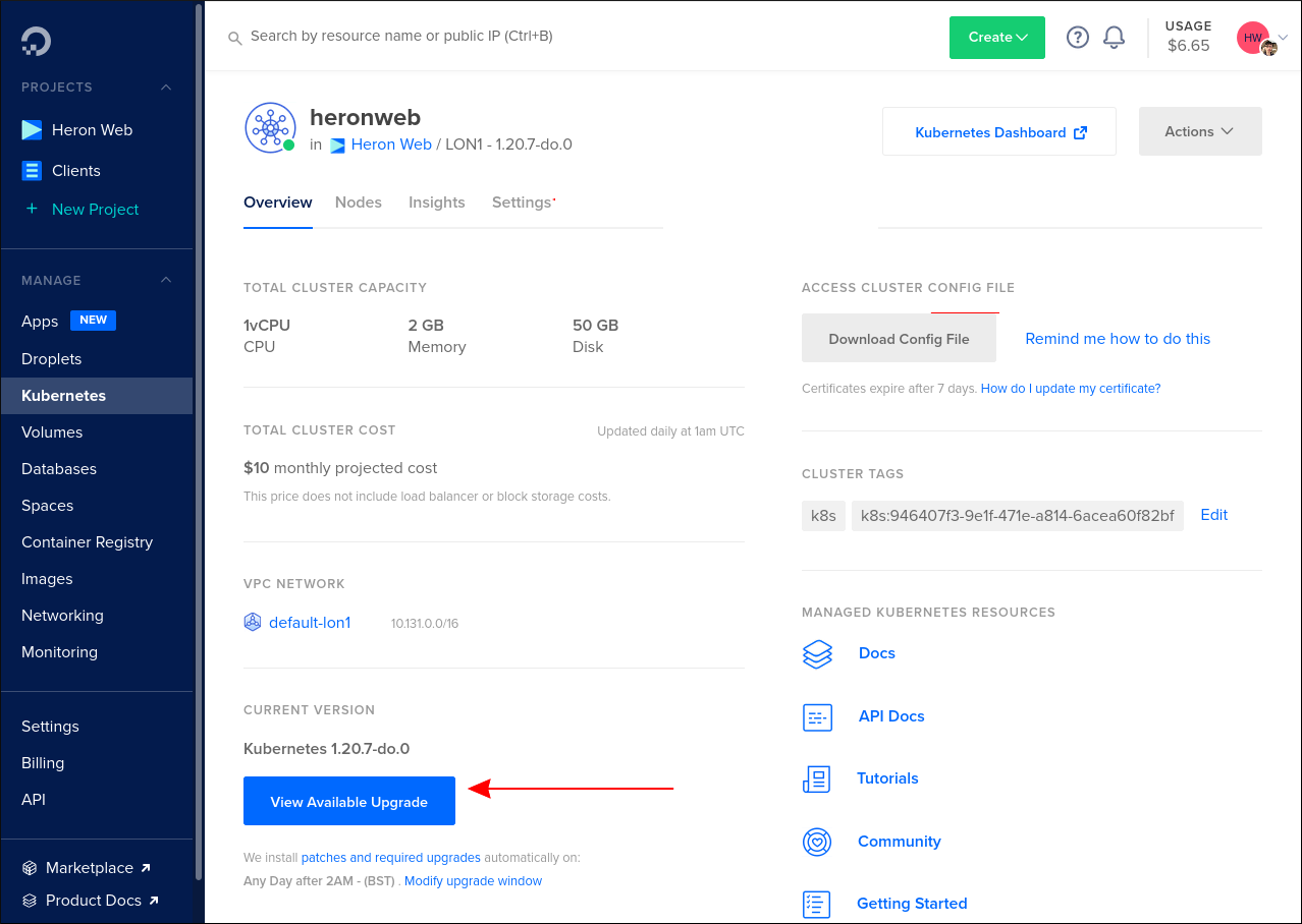 Скриншот процесса обновления кластера DigitalOcean Managed Kubernetes