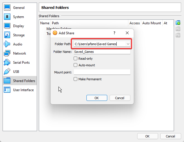 Выбор пути к общей папке на хосте