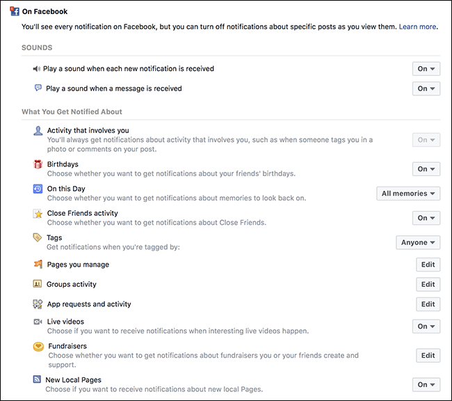 Управление уведомлениями в меню уведомлений Facebook