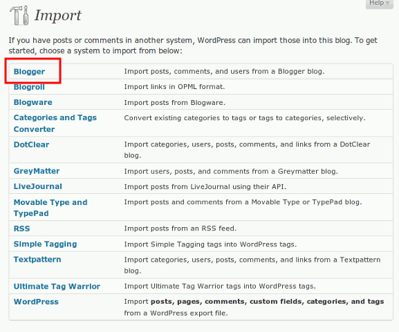 Выбор Blogger в списке импорта WordPress