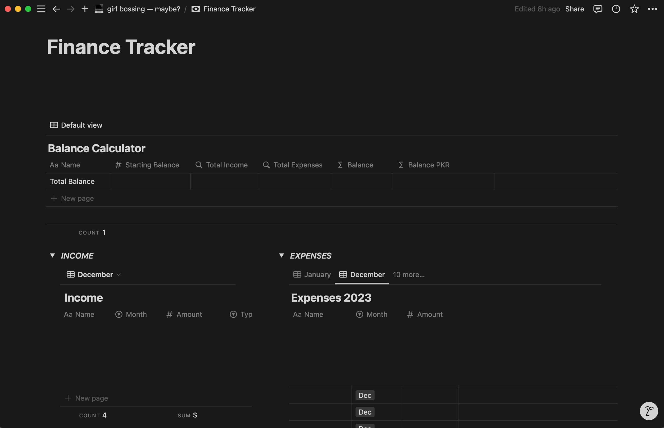 Шаблон трекера финансов в Notion с разделами Баланс, Доходы и Расходы