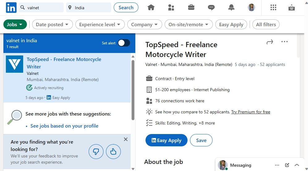 Кнопка «Save» в интерфейсе вакансии на LinkedIn