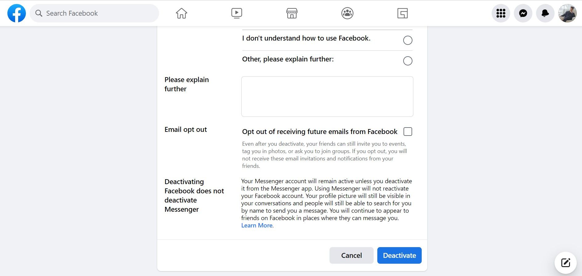 Подтвердите деактивацию аккаунта