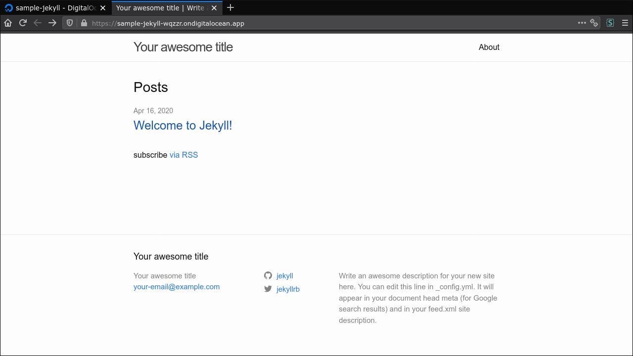 Скриншот стартовой страницы Jekyll после деплоя