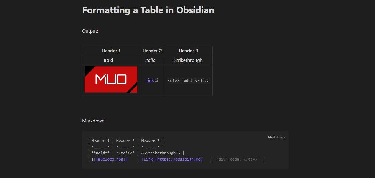 Форматирование таблицы в Obsidian
