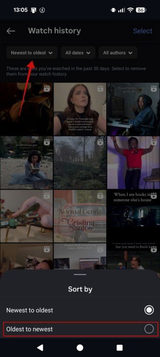 Changing view in Instagram Watch history from