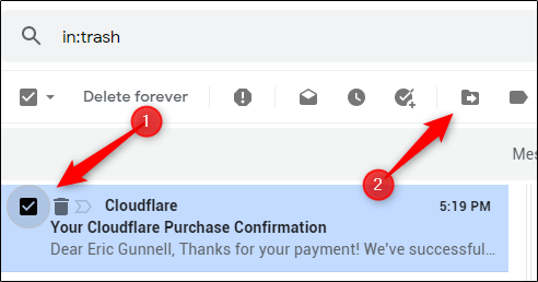 Опция «Переместить» для письма из корзины