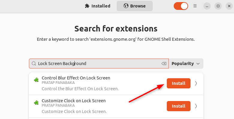 Поиск расширения управления размытием в GNOME Extension Manager