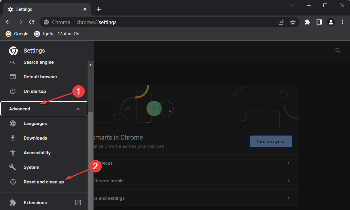 Пункт меню Сброс и очистка