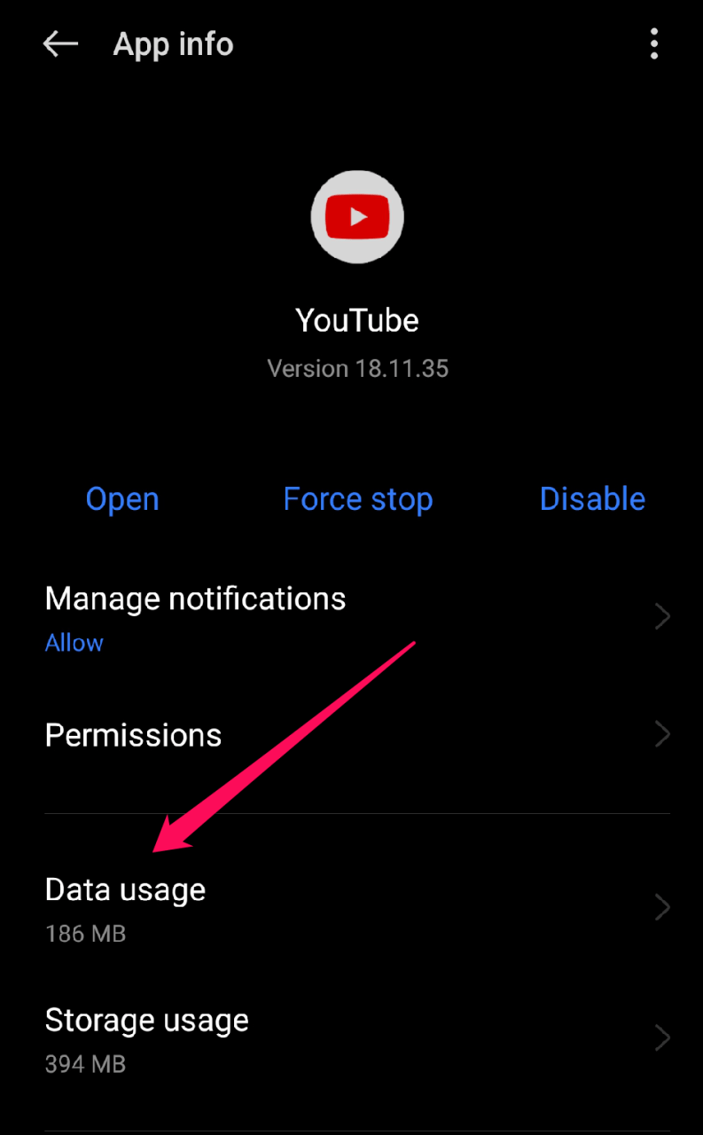 Экран использования хранилища приложения YouTube