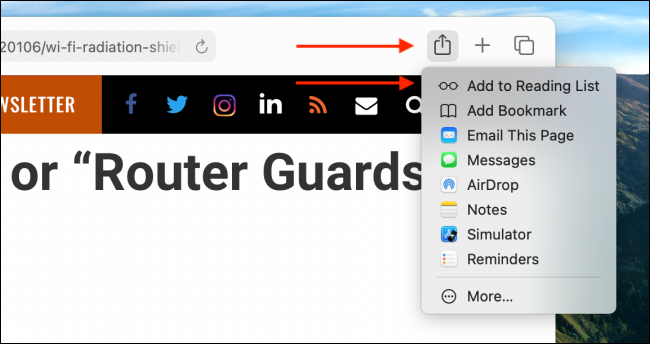 Добавить в список для чтения через меню Поделиться на Mac