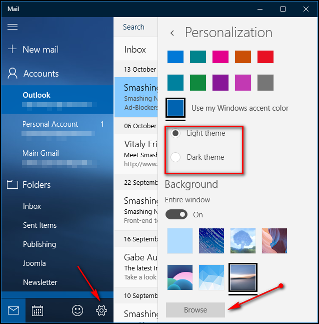 Опции персонализации почты в Windows 10