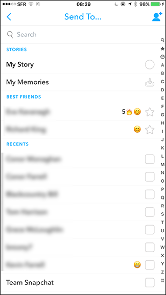 Список контактов для отправки Snap
