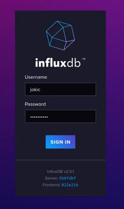 Страница входа InfluxDB