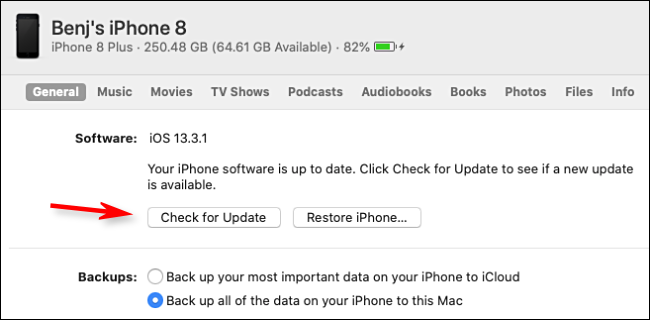 iPhone settings page in iTunes or Finder