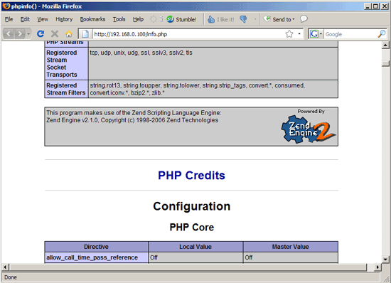 Скриншот phpinfo() — Suhosin не установлен
