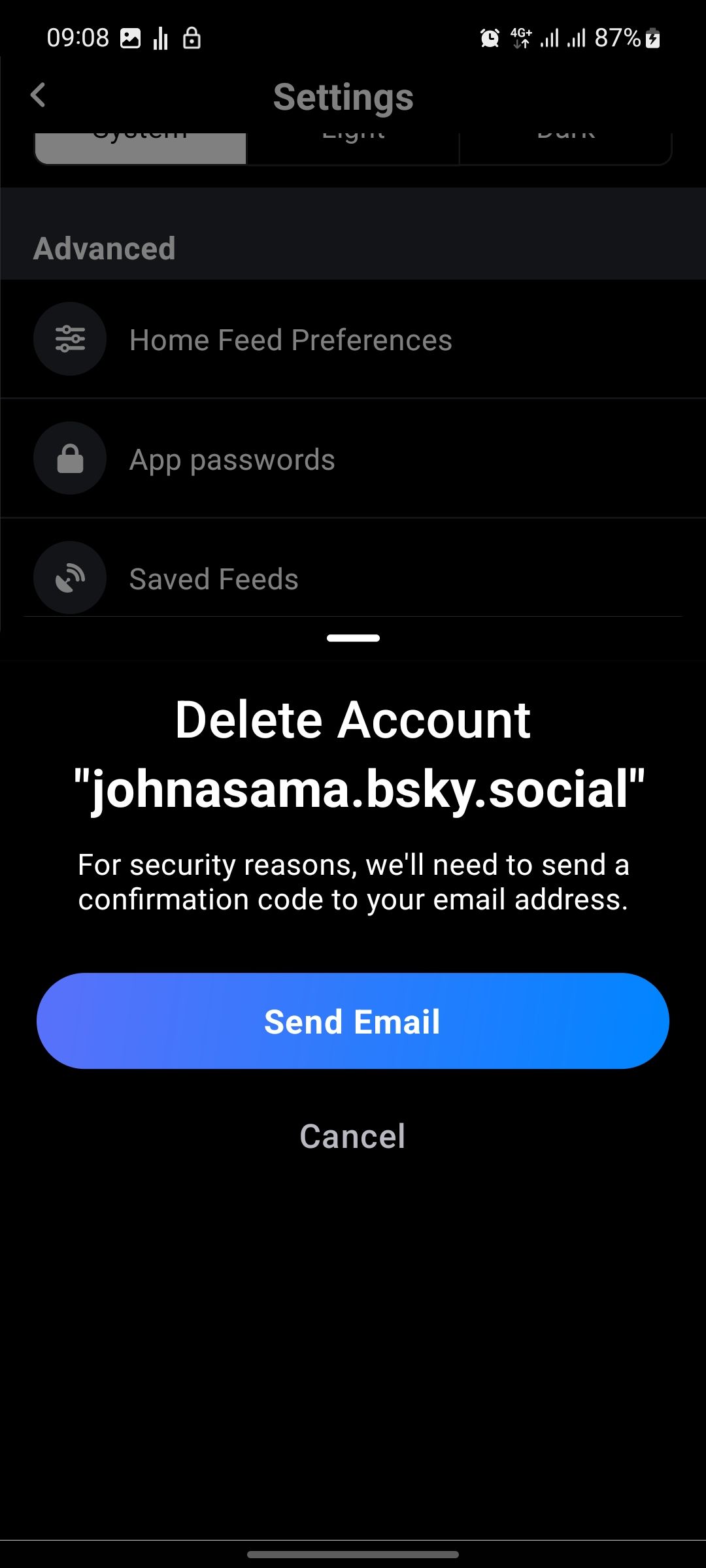 Подтверждение удаления аккаунта в Bluesky