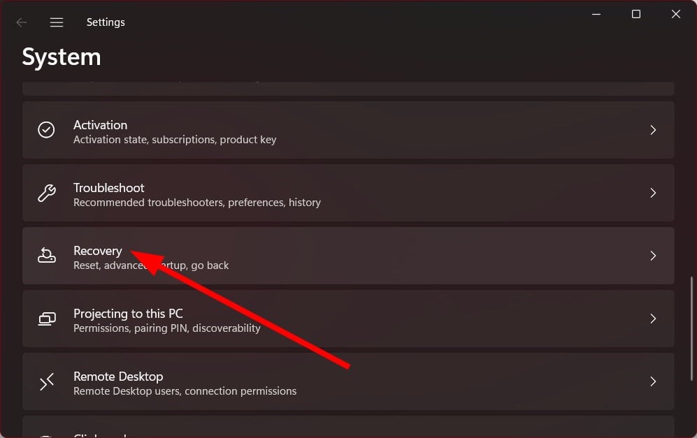 Раздел 'Восстановление' в настройках Windows