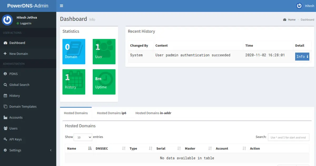 The dashboard of your PowerDNS server
