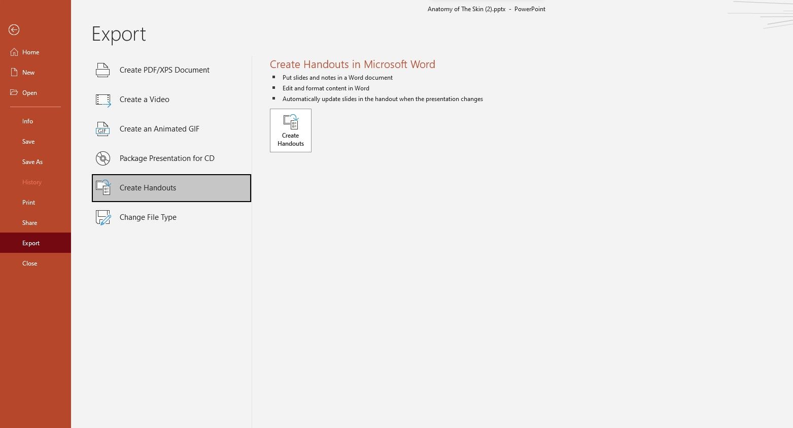 Меню Файл с пунктом Экспорт в PowerPoint