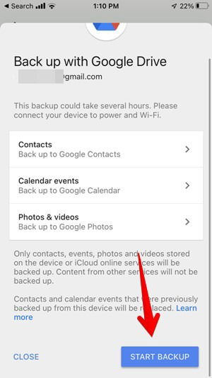Кнопка 'Начать резервное копирование' в Google Drive на iPhone