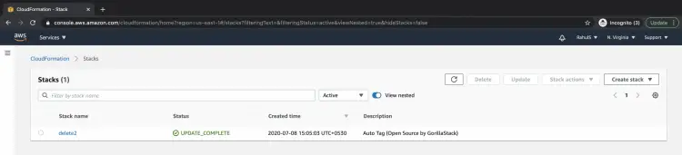 Панель CloudFormation с существующими стеками