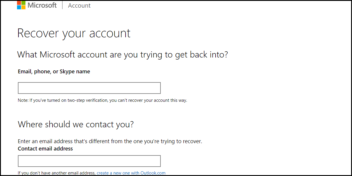 Страница восстановления учётной записи Microsoft