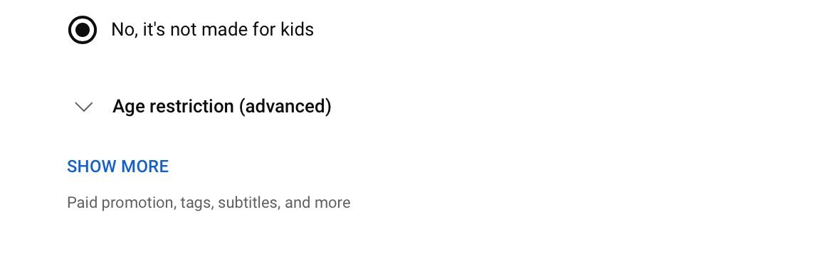 Параметры загрузки YouTube: показать дополнительные настройки