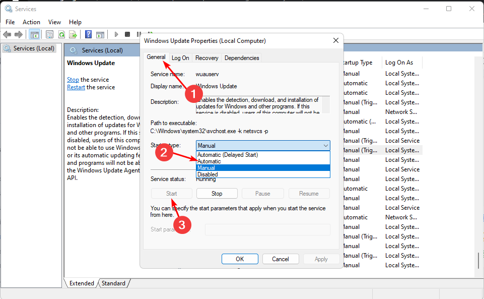 Вкладка Общие в свойствах службы Windows Update