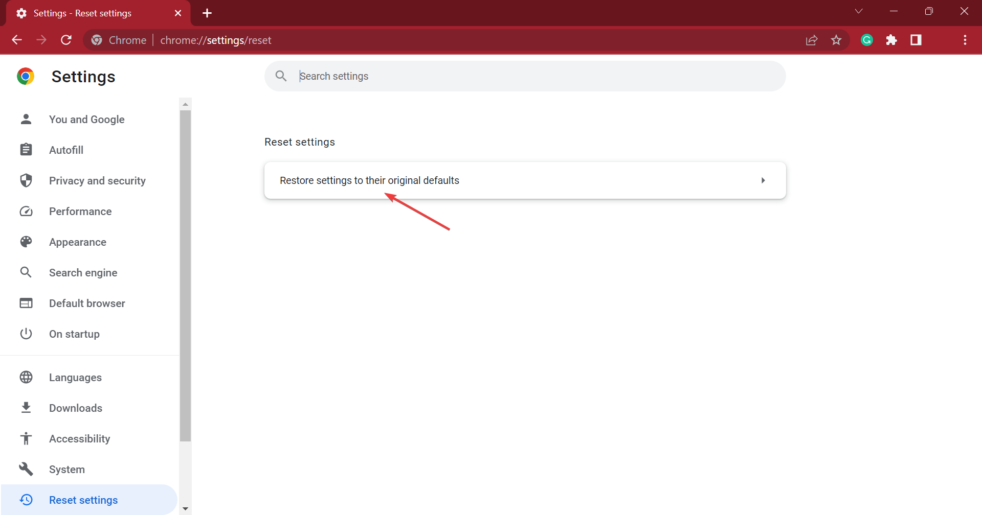 Кнопка «Восстановить настройки по умолчанию» в Chrome