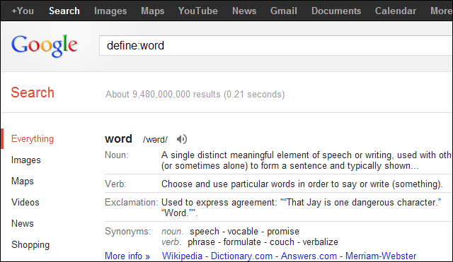 Скриншот: пример встроенного определения слова в результатах Google