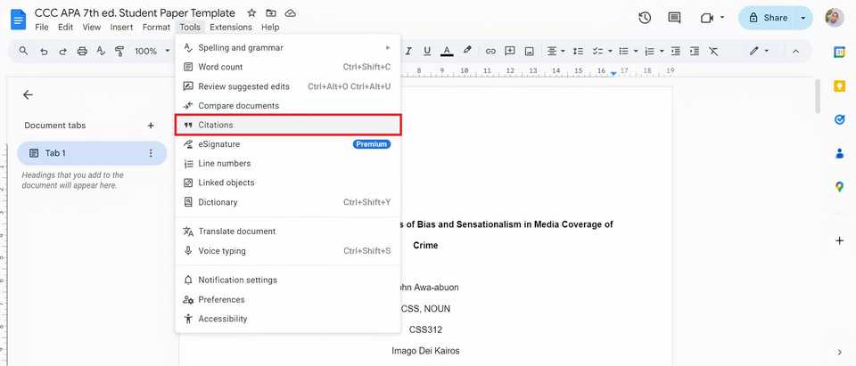 Меню Tools в Google Docs с открытым пунктом Citations.