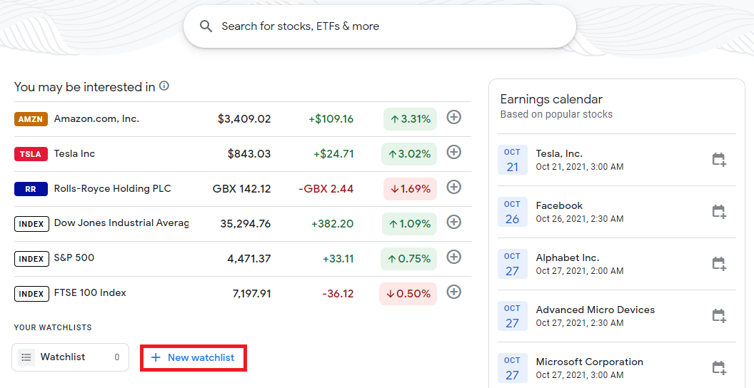 Экран Google Finance: создание нового списка отслеживания