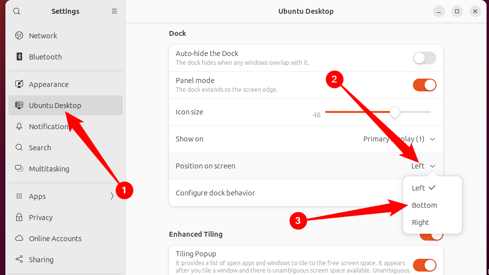 Параметры дока в разделе Ubuntu приложения Настройки.