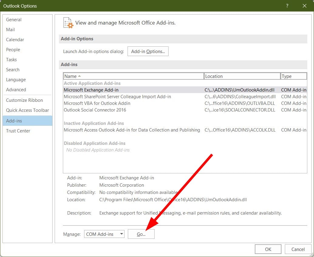 Кнопка «Перейти» для управления надстройками