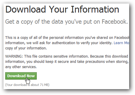 Ссылка на скачивание архива Facebook в письме