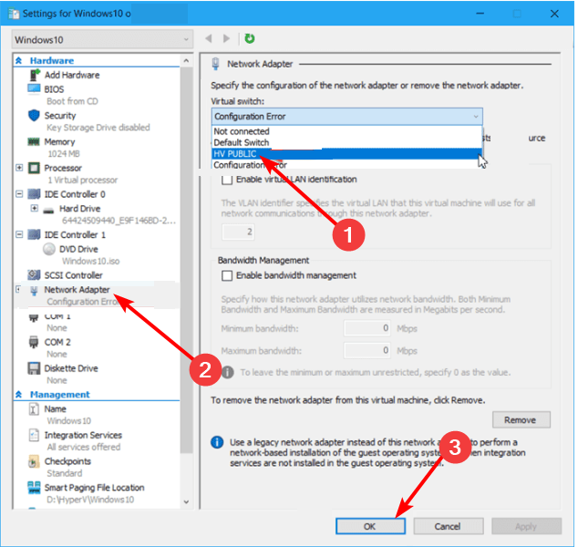 Назначение виртуального коммутатора адаптеру VM