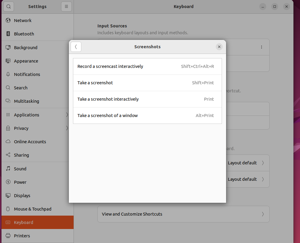 Настройки сочетаний клавиш в Ubuntu с выделением пункта для скриншота.