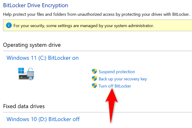 Кнопка «Отключить BitLocker» рядом с диском в списке.