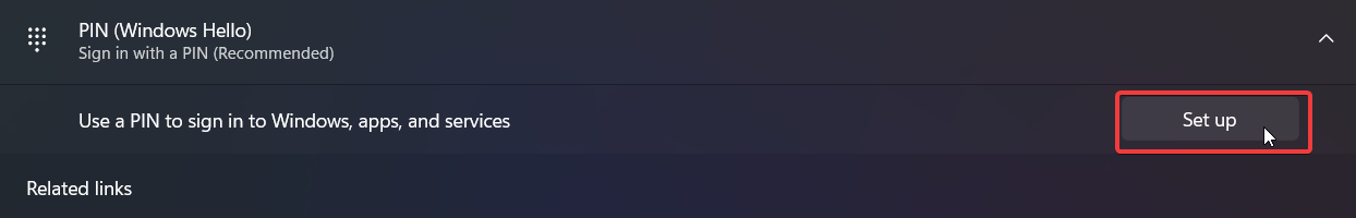 Кнопка Настроить PIN в Windows