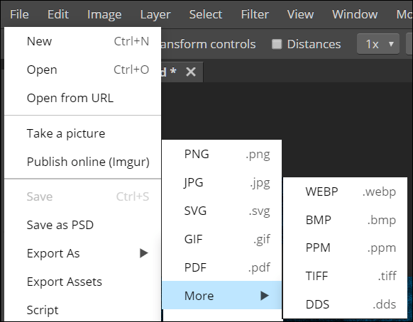 Меню Export As в Photopea: выбор размеров и качества при сохранении