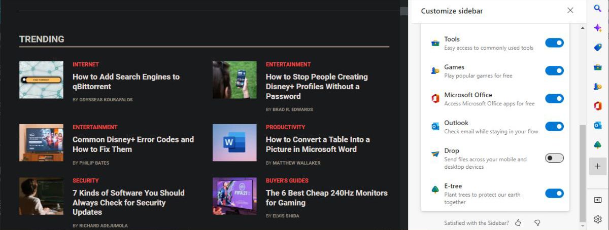 Настройка боковой панели Microsoft Edge Canary