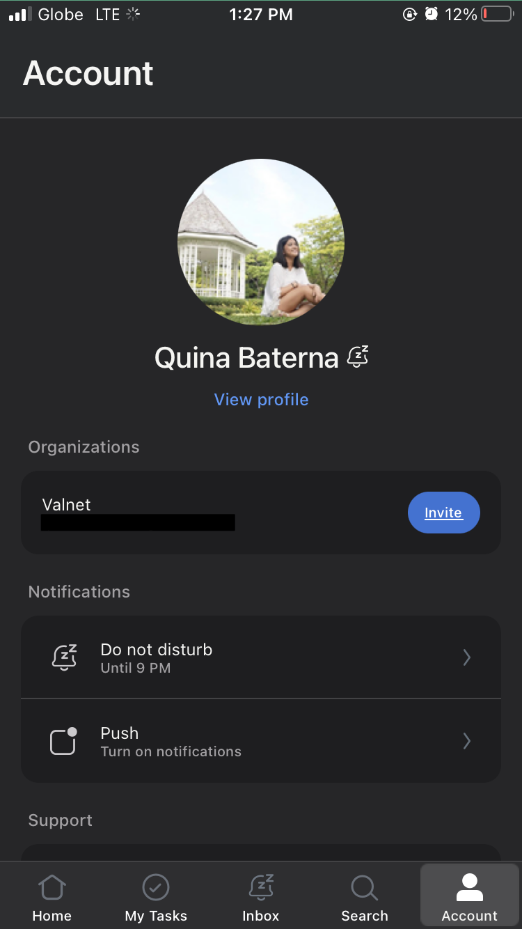Вкладка аккаунта в мобильном приложении Asana